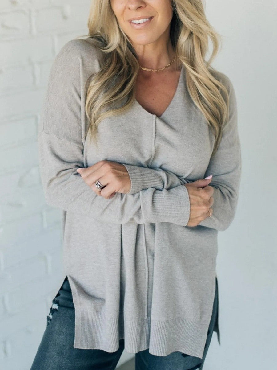 Flora | Women's Classic V-Neck Knit Sweater – Gray