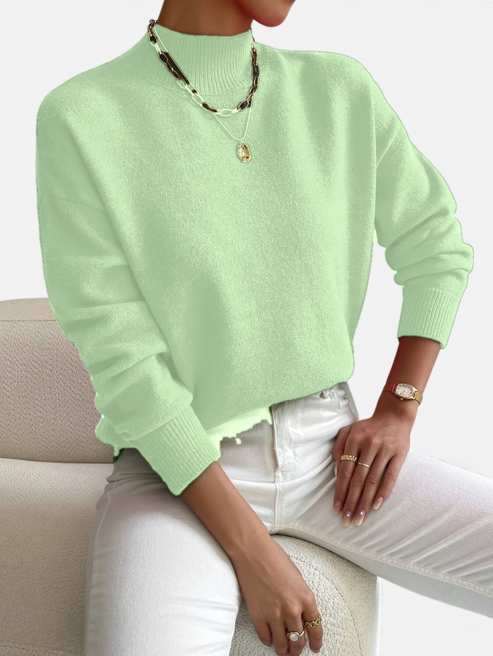 Cleo | Women's Soft Turtleneck Knit Sweater – Light Green