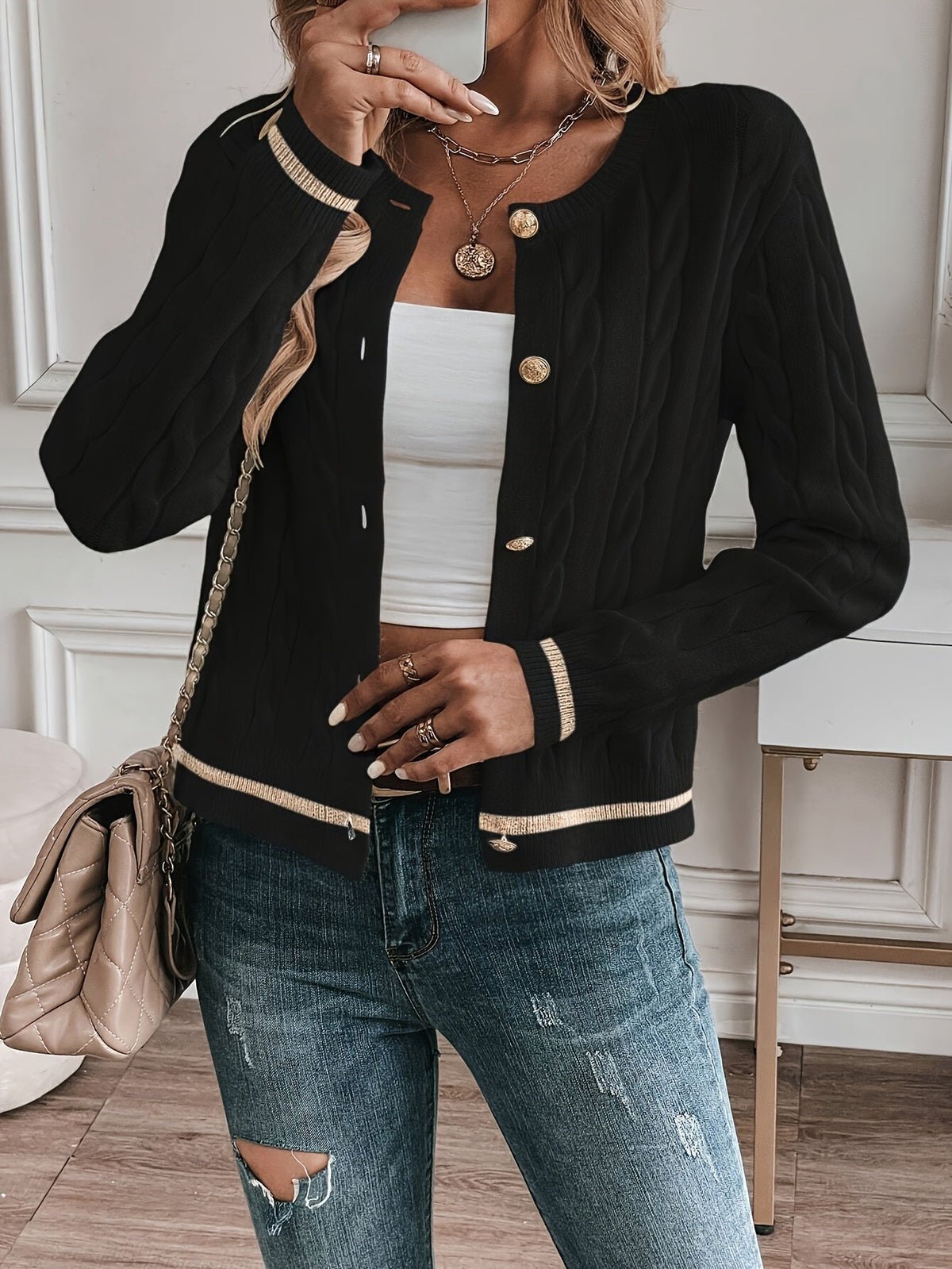 Megan | Women's Gold Button Cardigan Sweater – Cable Knit Cardigan