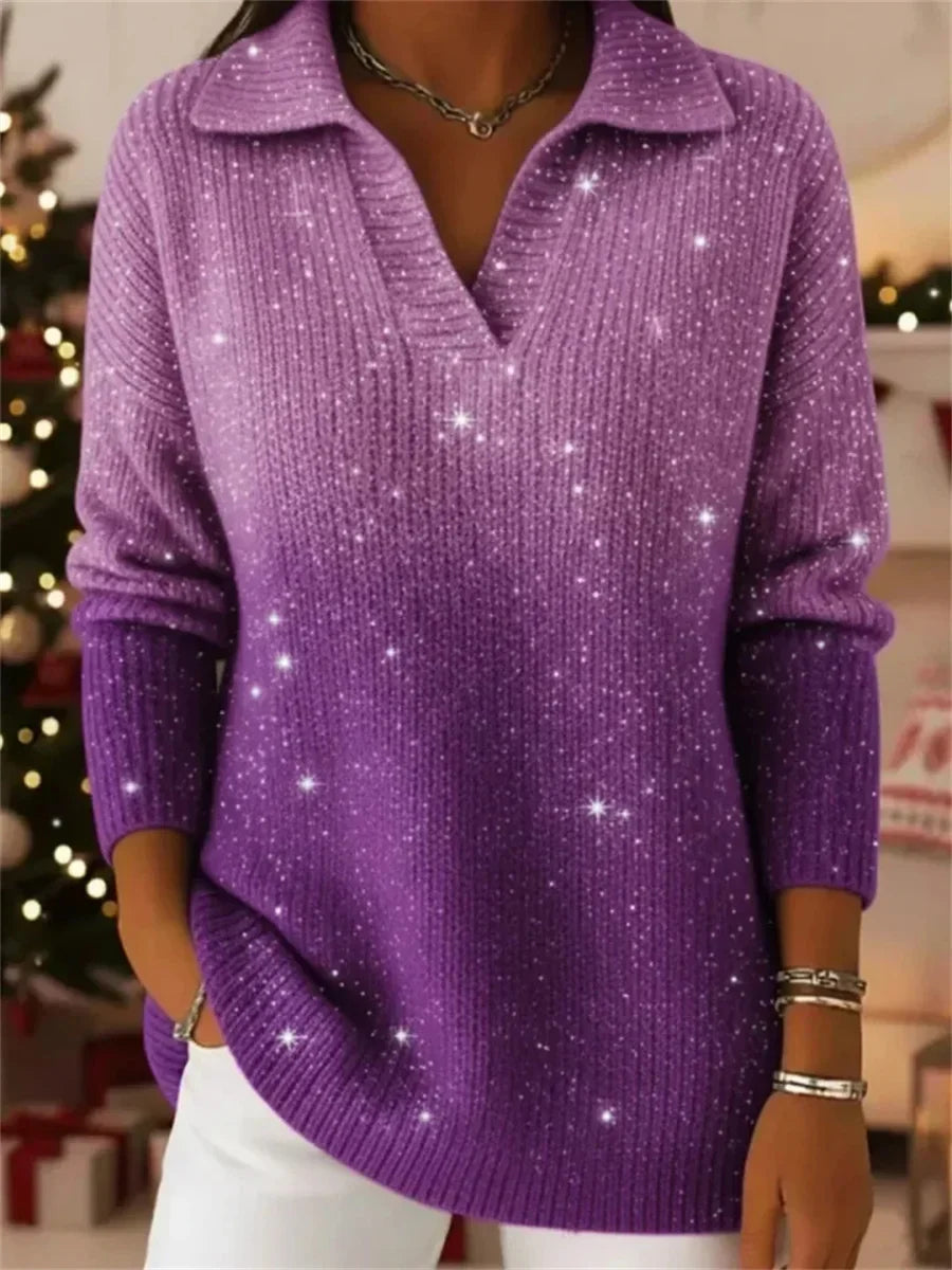 Flora | Women's Starry Gradient Knit Sweater – Polo Collar Cotton Pullover