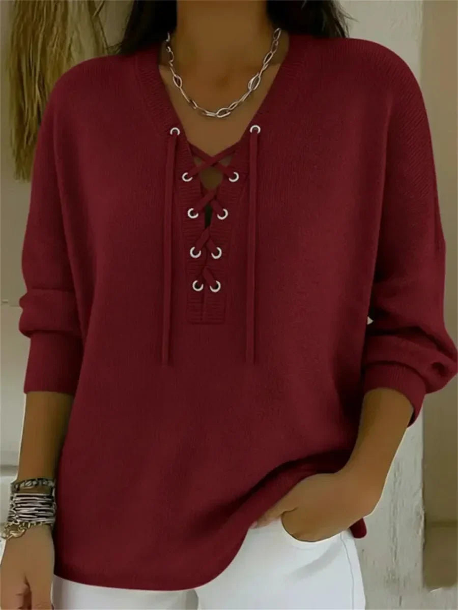 Nell | Women's Tie Front V-Neck Sweater – Red