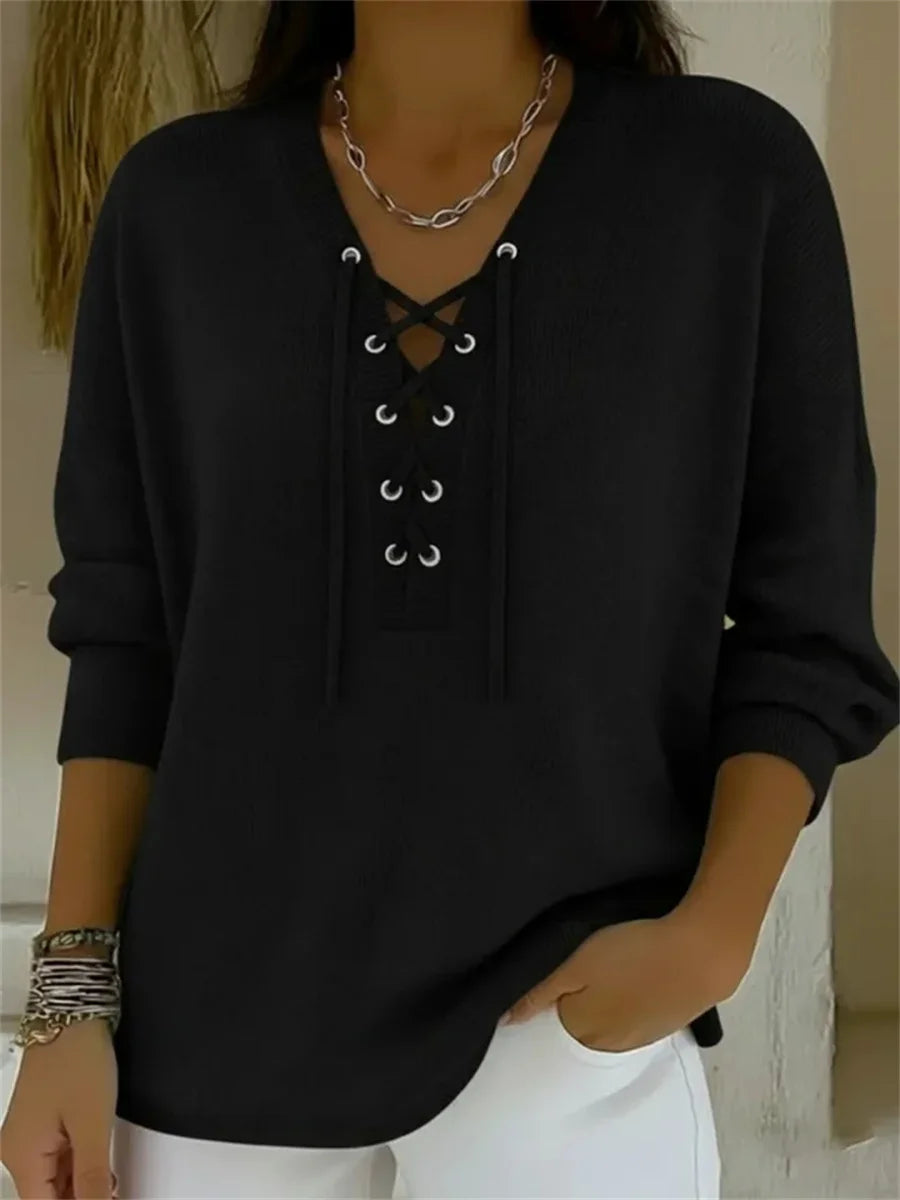 Nell | Women's Tie Front V-Neck Sweater – Black