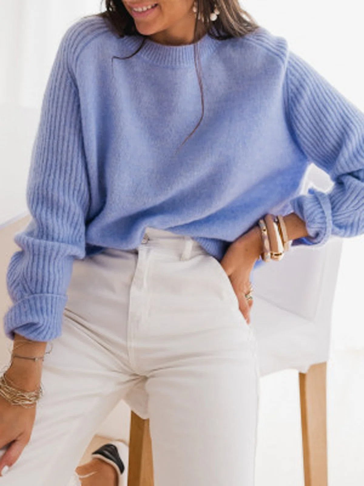 Gwen | Women's Round Neck Knit Sweater – Rich Blue Pullover