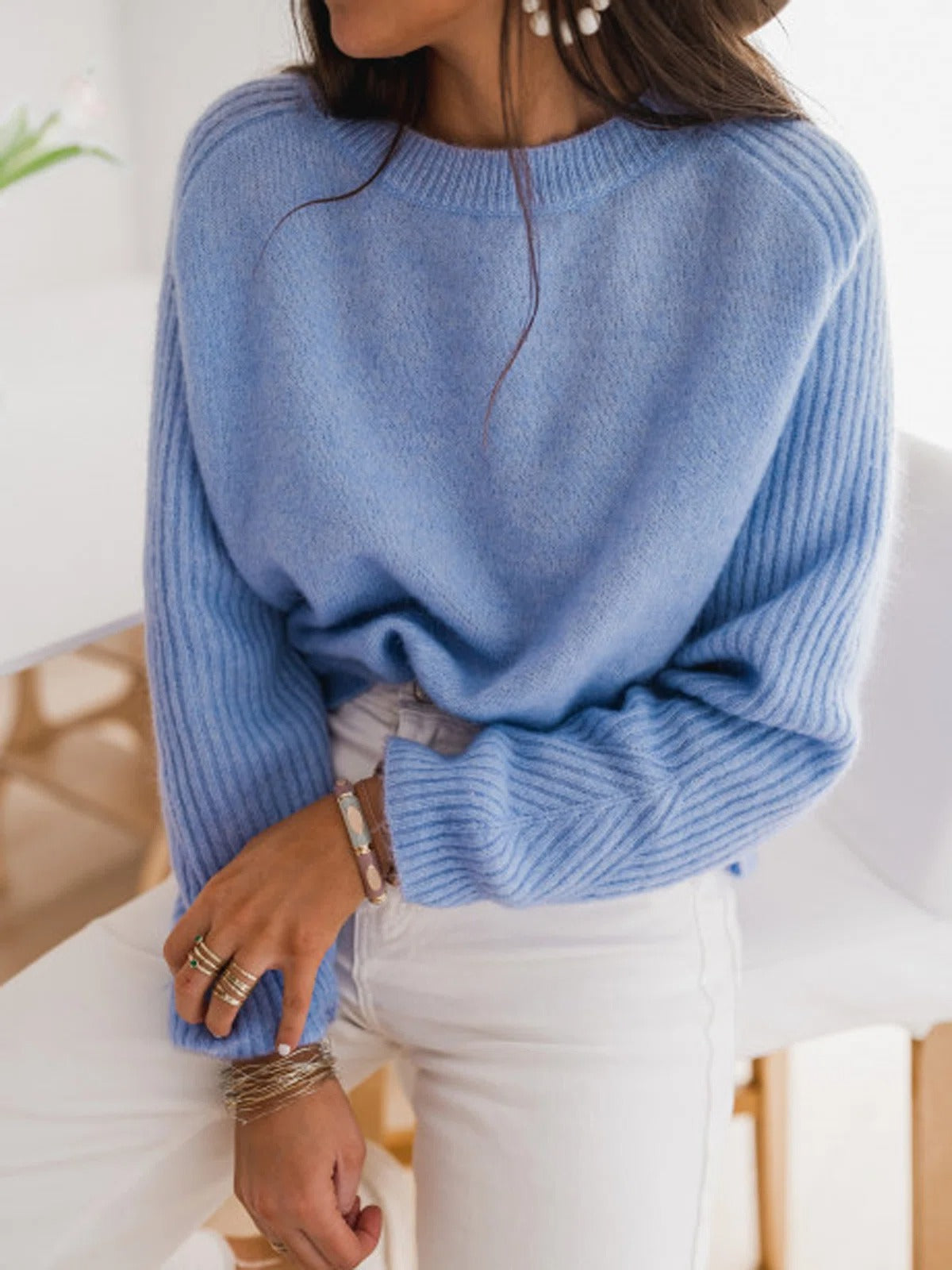 Gwen | Women's Round Neck Knit Sweater – Blue