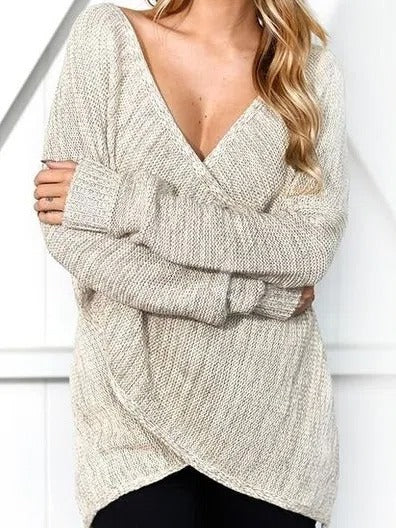 Xena | Women's V-Neck Knit Sweater – Soft Gray Pullover