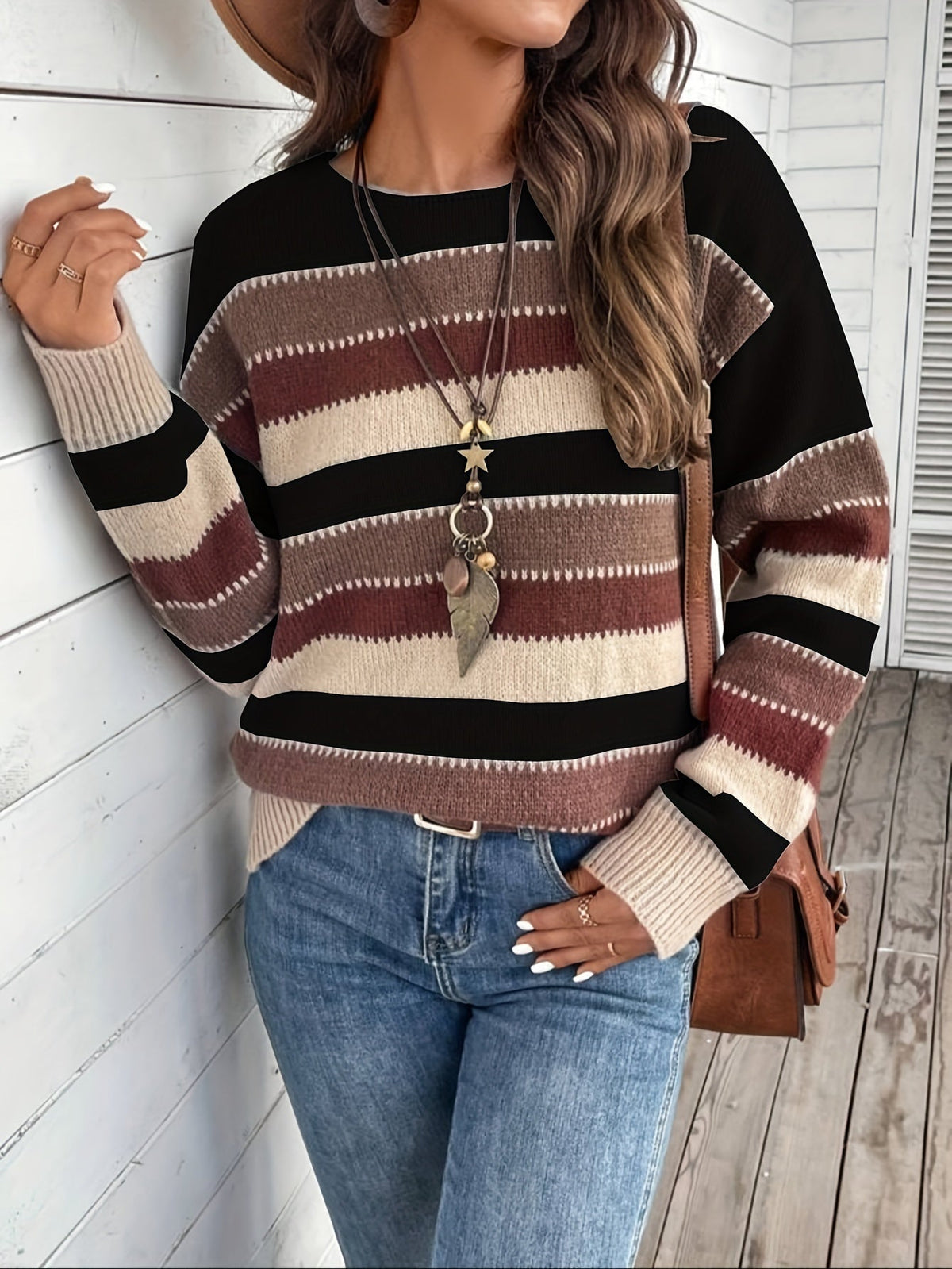 Nina | Women's Striped Round Neck Knit Sweater – Loose Fit Pullover