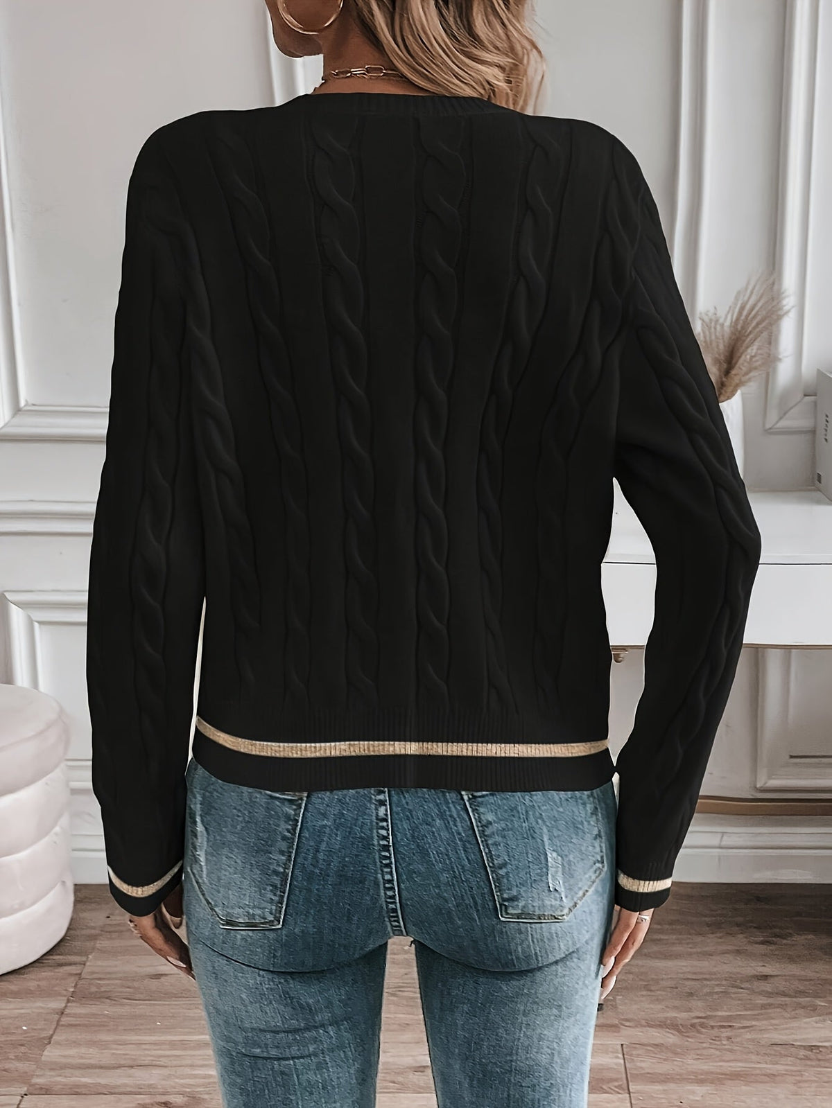 Megan | Women's Gold Button Cardigan Sweater – Cable Knit Cardigan