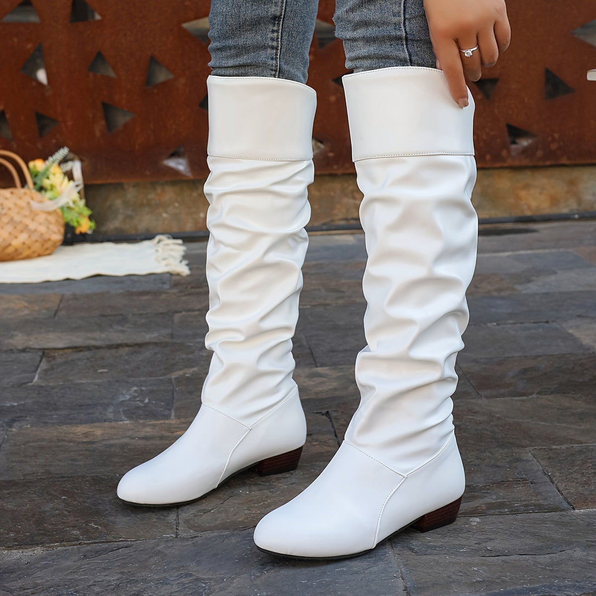 Lily | Women's Slouchy Low Heel Knee High Boots – White