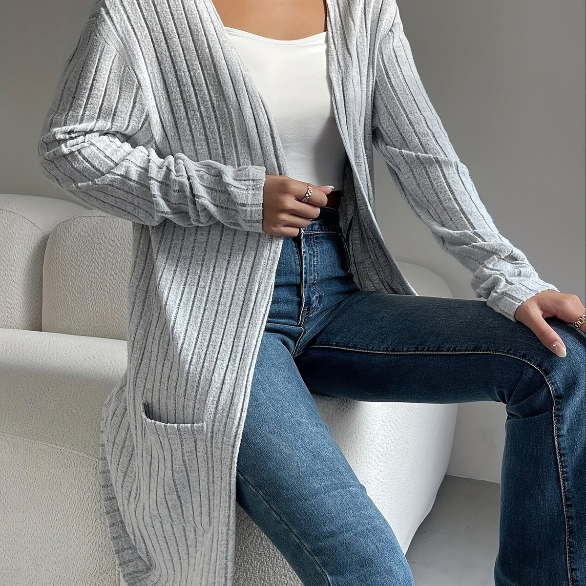 Delia | Women's Long Ribbed Cardigan Sweater – Silvery Grey