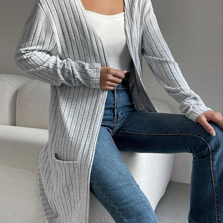 Delia | Women's Long Ribbed Cardigan Sweater – Silvery Grey