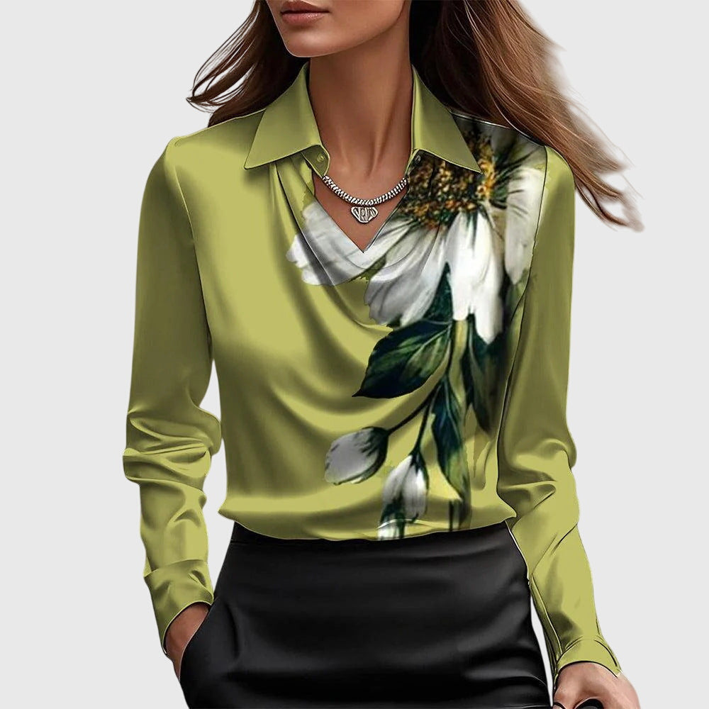 Kaia | Women's Draped Neck Long Sleeve Blouse – Green