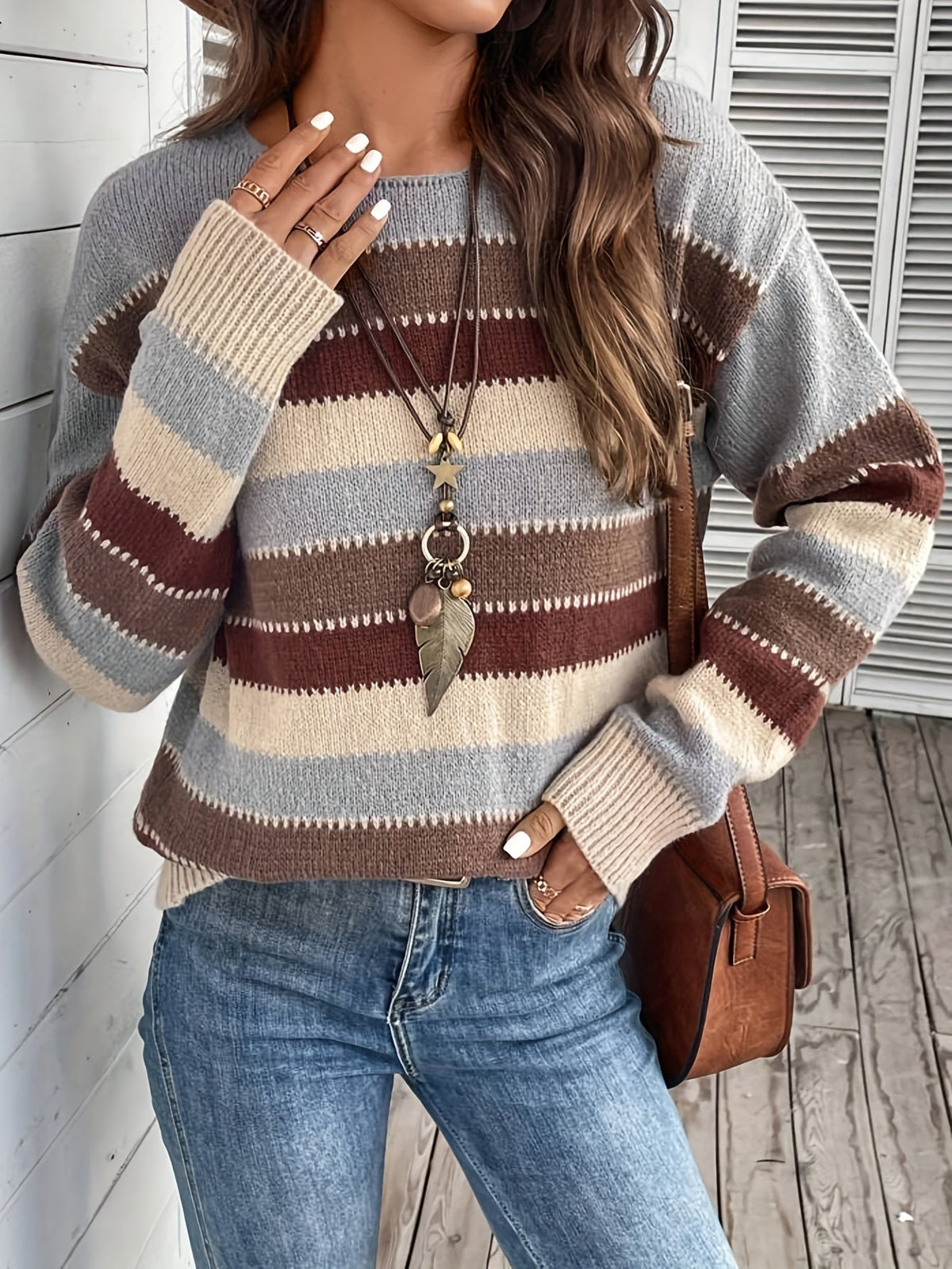 Nina | Women's Striped Round Neck Knit Sweater – Loose Fit Pullover