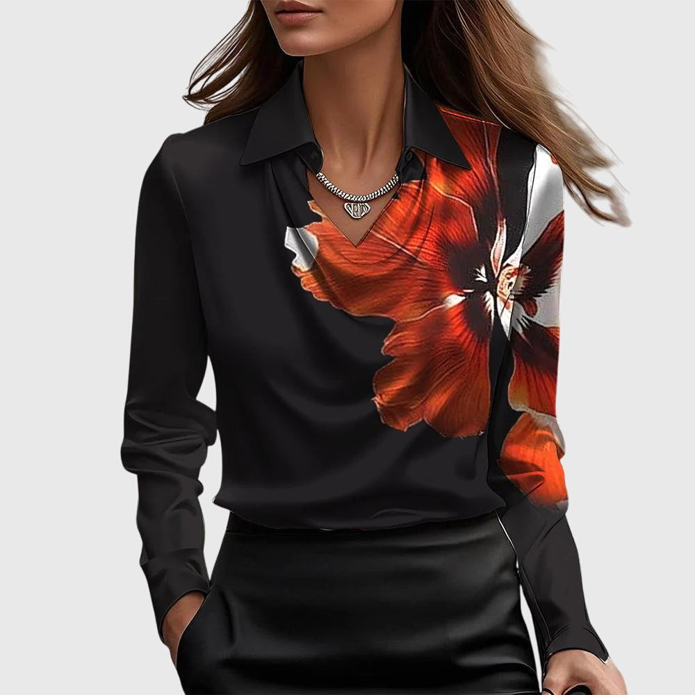 Kaia | Women's Draped Neck Long Sleeve Blouse – Black Red