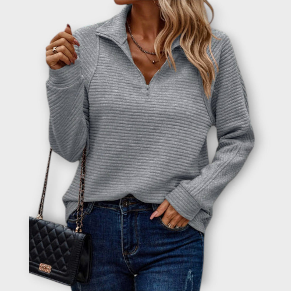 Daisy | Women's V-Neck Quarter Zip Sweater – Gray