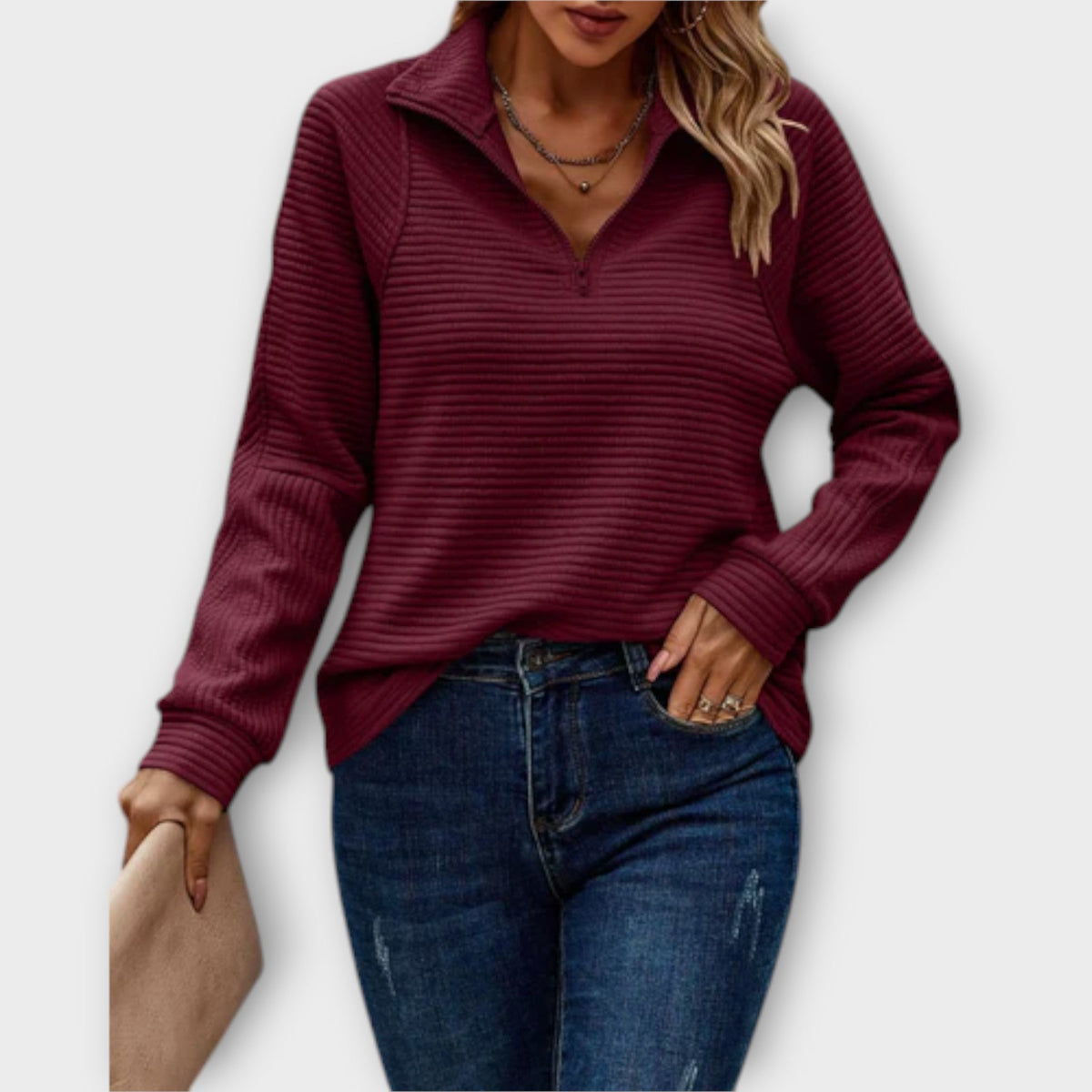 Daisy | Women's V-Neck Quarter Zip Sweater – Red
