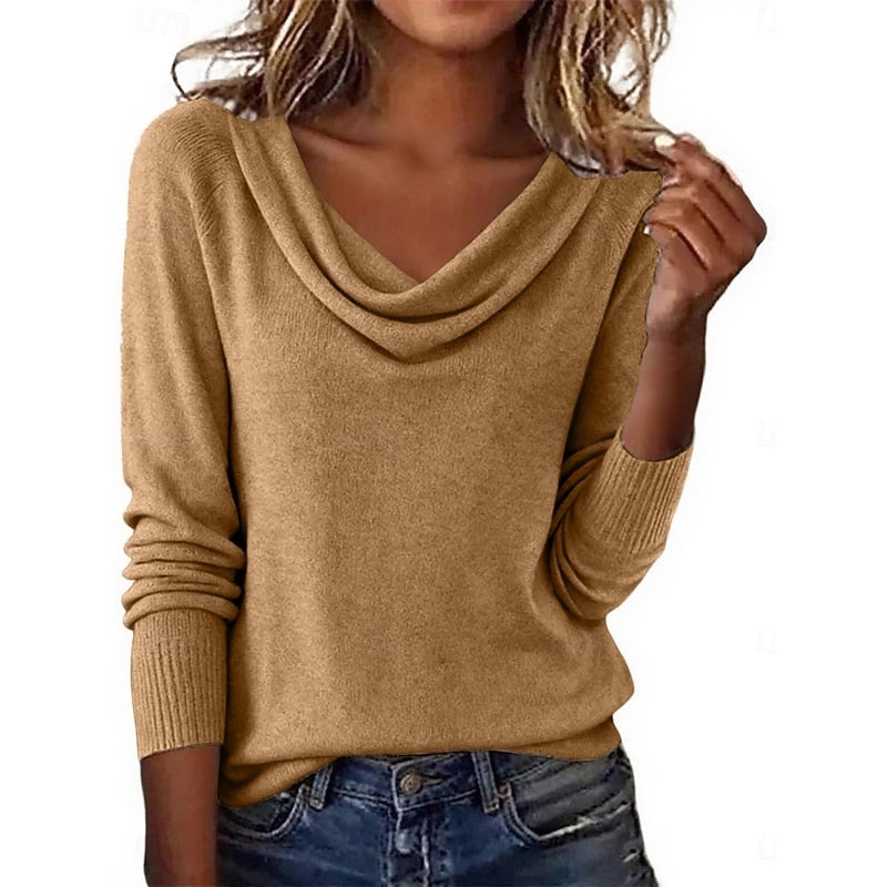 Sasha | Women's Draped Cowl Neck Knit Sweater – Khaki