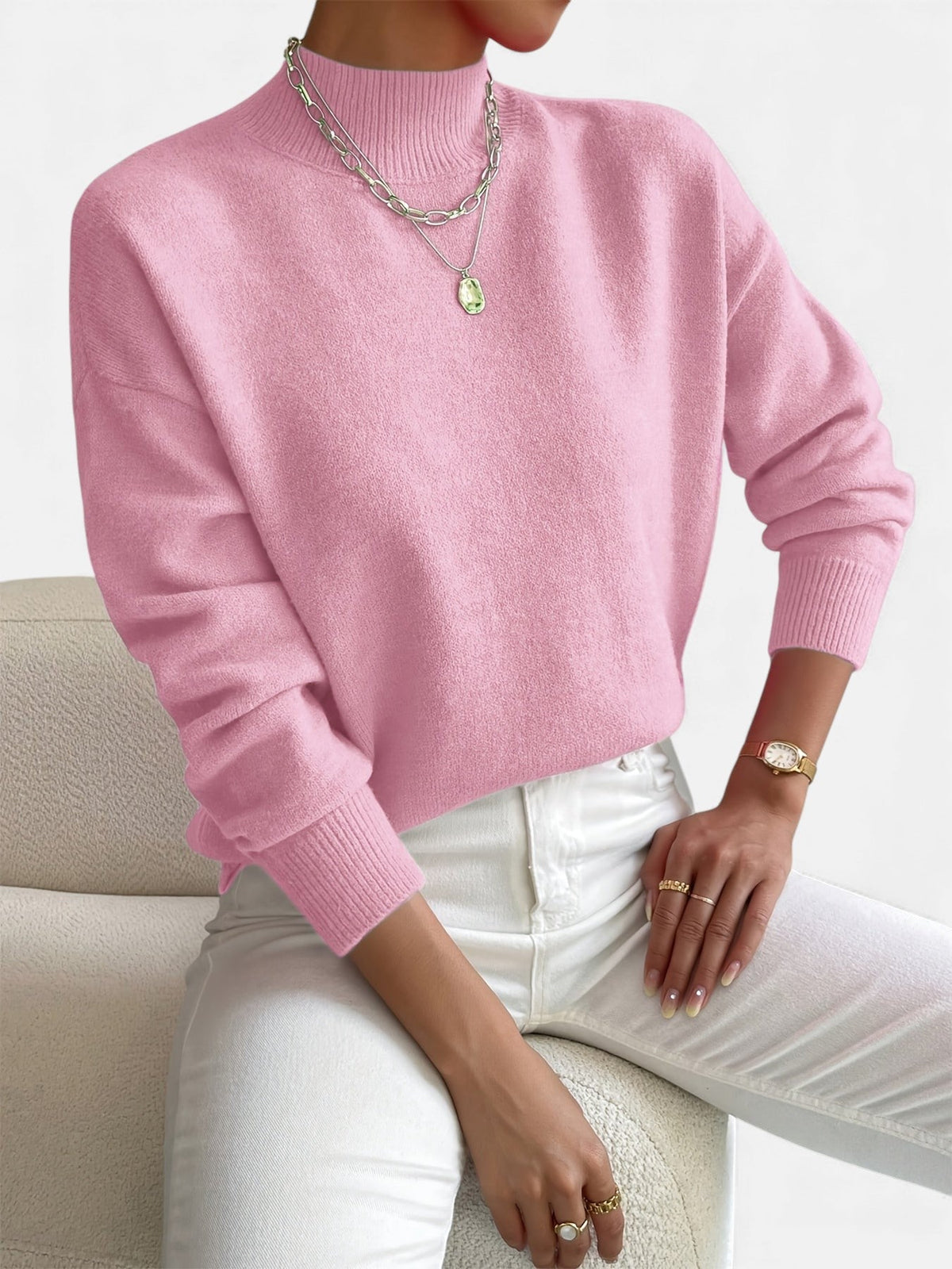 Cleo | Women's Soft Turtleneck Knit Sweater – Light Pink