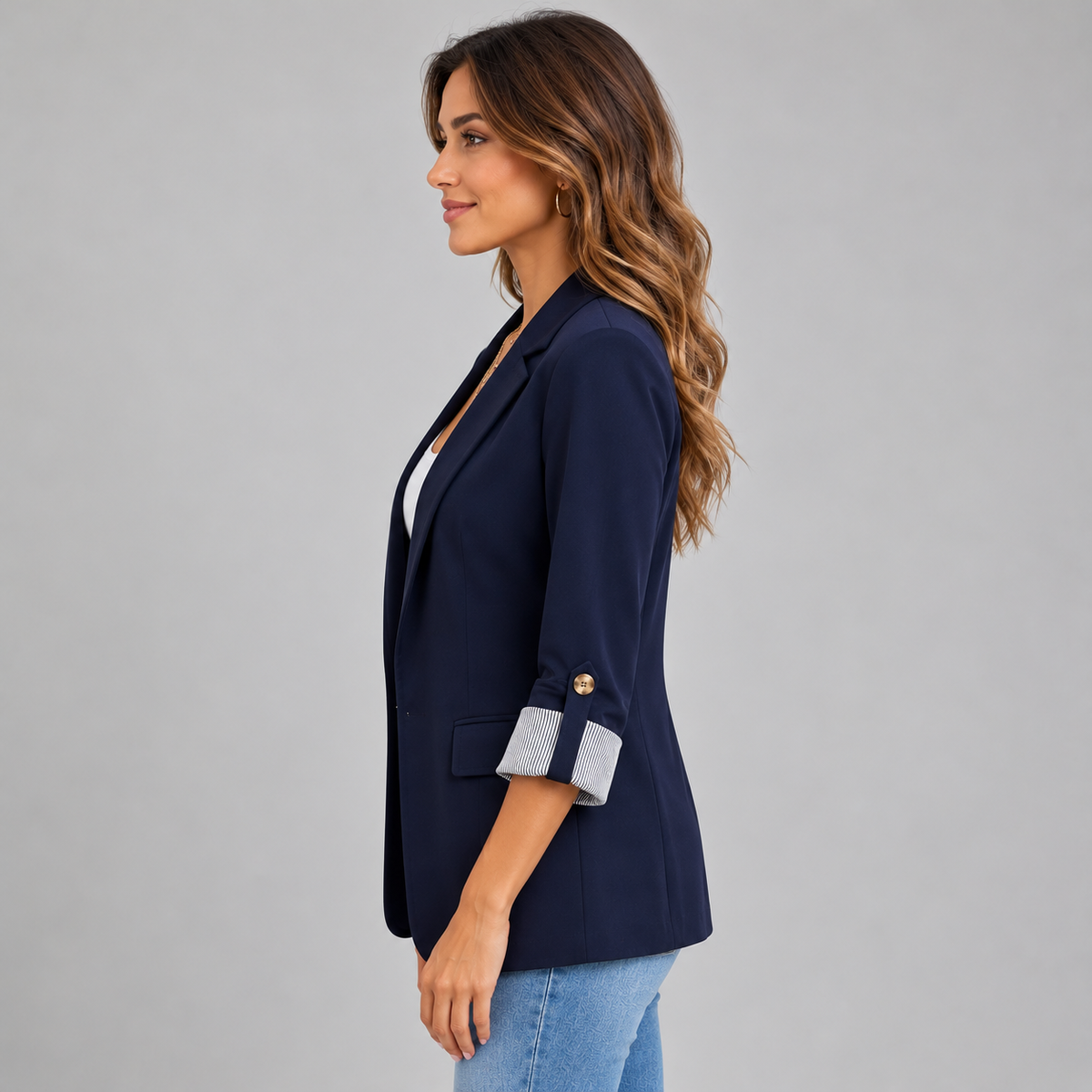 Ilse | Women's Ruched Sleeve Blazer – Open Front Three Quarter Sleeve Blazer