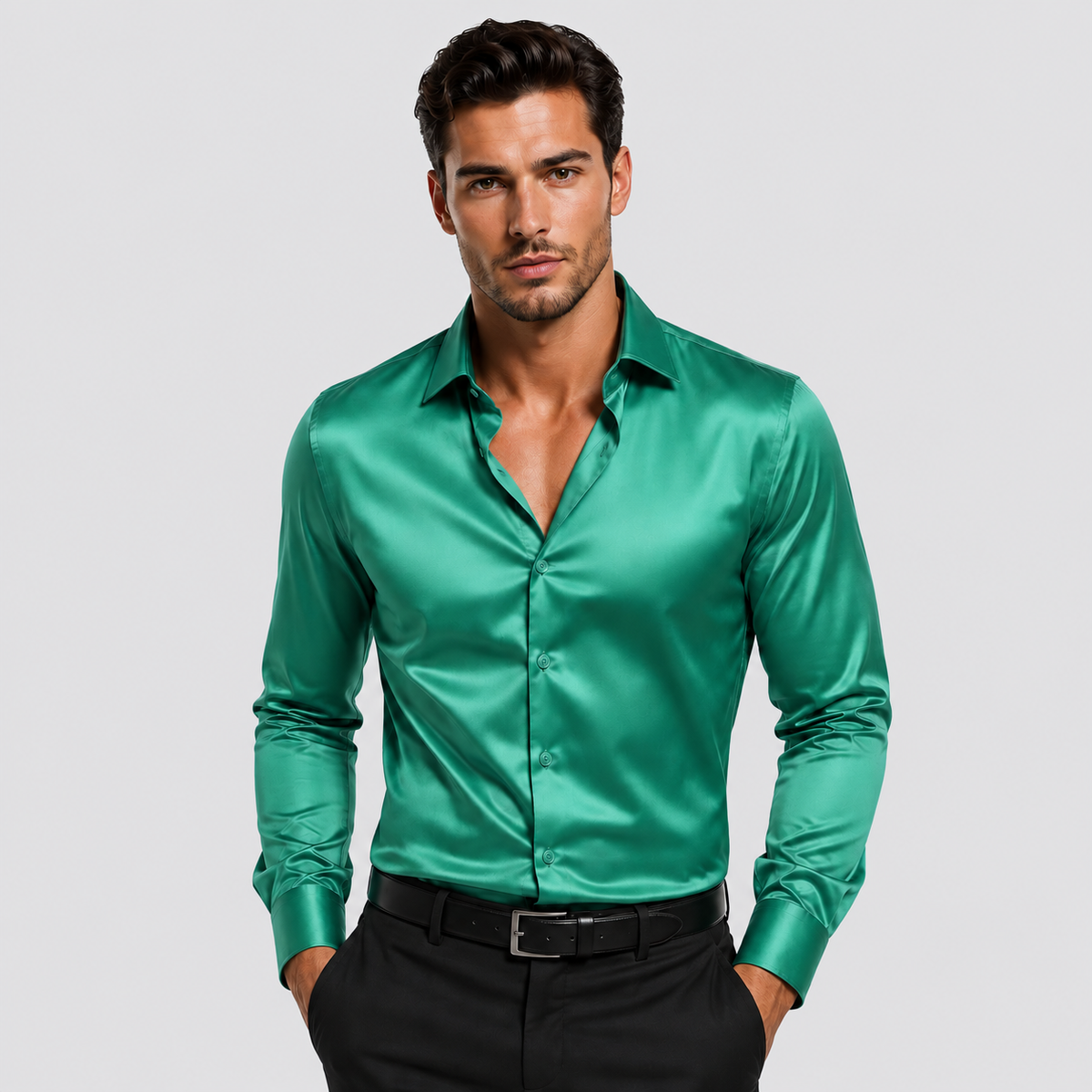 Otto | Men's Satin Look Dress Shirt – Long Sleeve Spread Collar Shirt