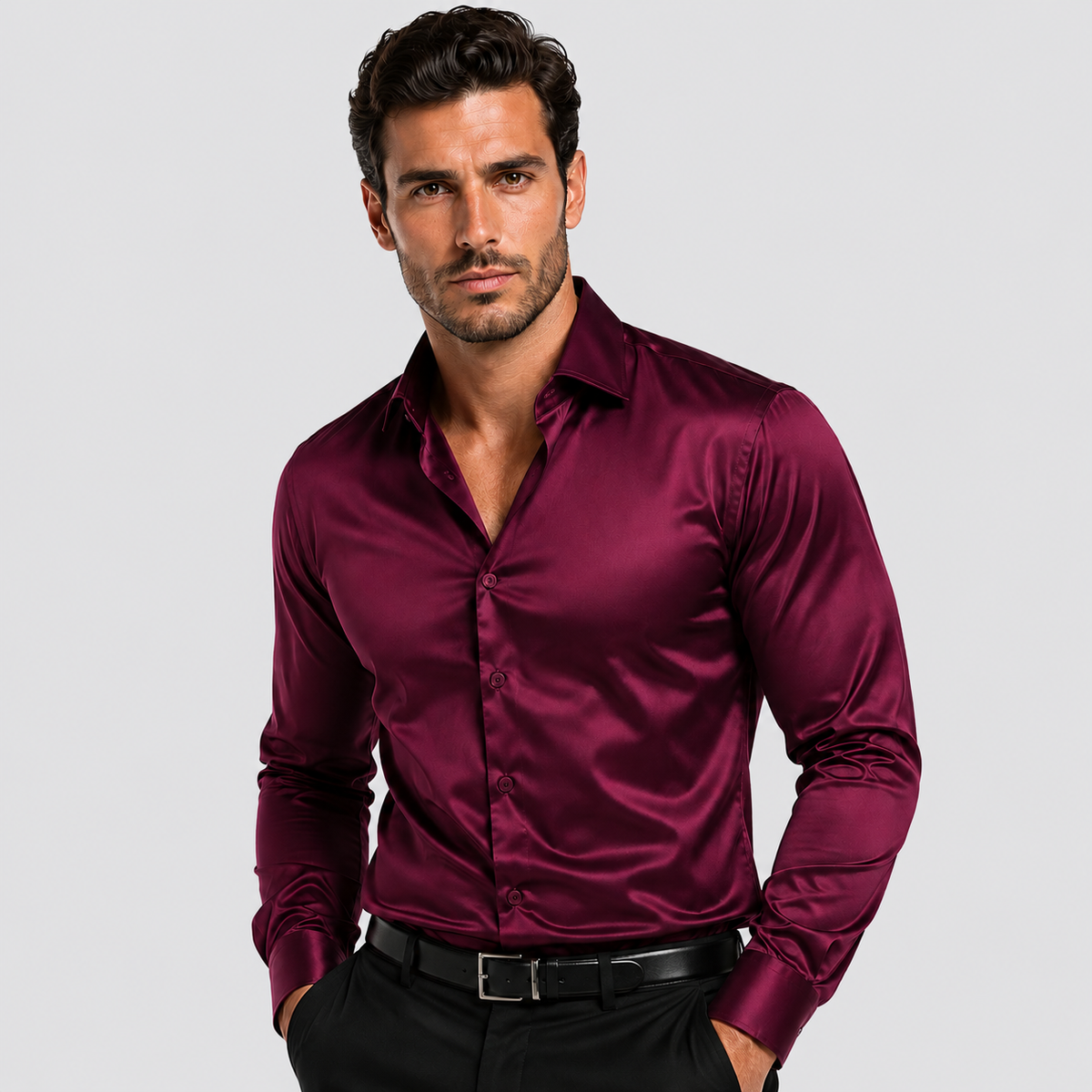 Otto | Men's Satin Look Dress Shirt – Long Sleeve Spread Collar Shirt