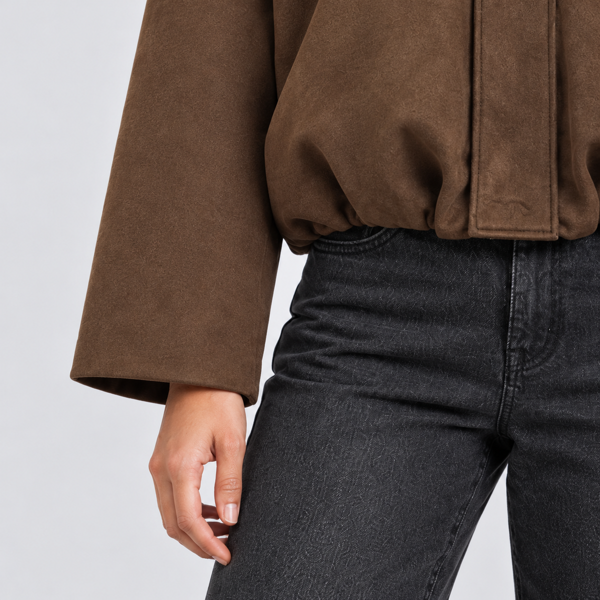 Quinn | Women's Faux Suede Bomber Jacket – Relaxed Waist Length Jacket