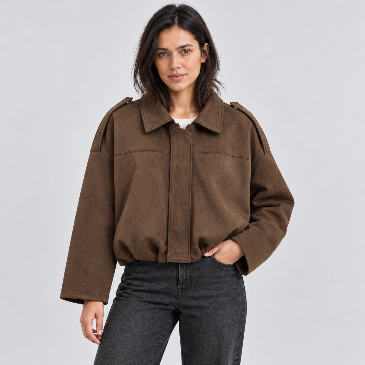 Quinn | Women's Faux Suede Bomber Jacket – Relaxed Waist Length Jacket