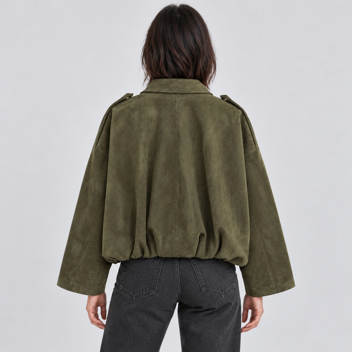 Quinn | Women's Faux Suede Bomber Jacket – Relaxed Waist Length Jacket