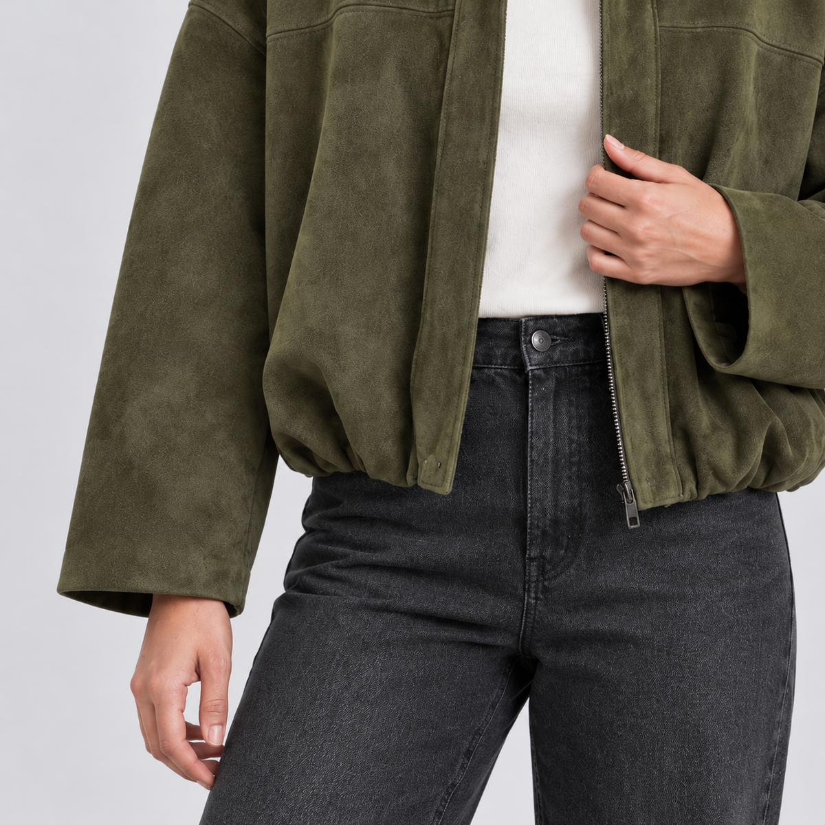 Quinn | Women's Faux Suede Bomber Jacket – Relaxed Waist Length Jacket