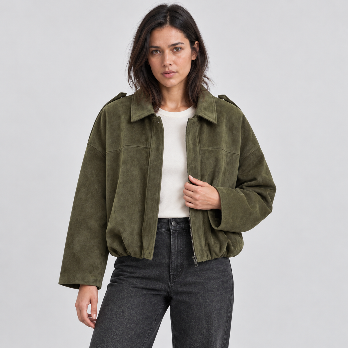 Quinn | Women's Faux Suede Bomber Jacket – Relaxed Waist Length Jacket