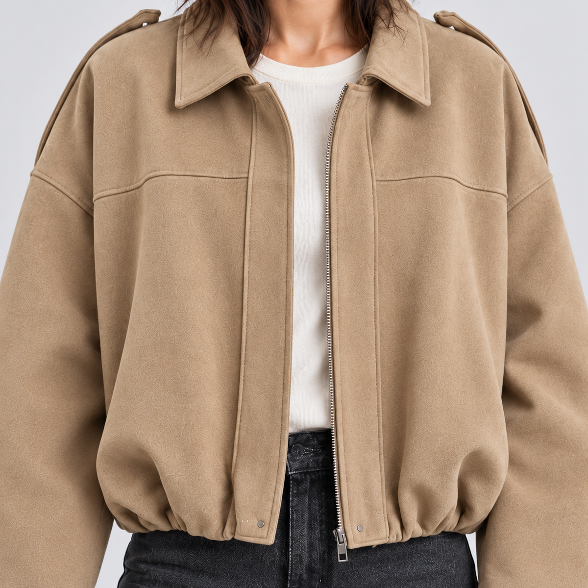 Quinn | Women's Faux Suede Bomber Jacket – Relaxed Waist Length Jacket