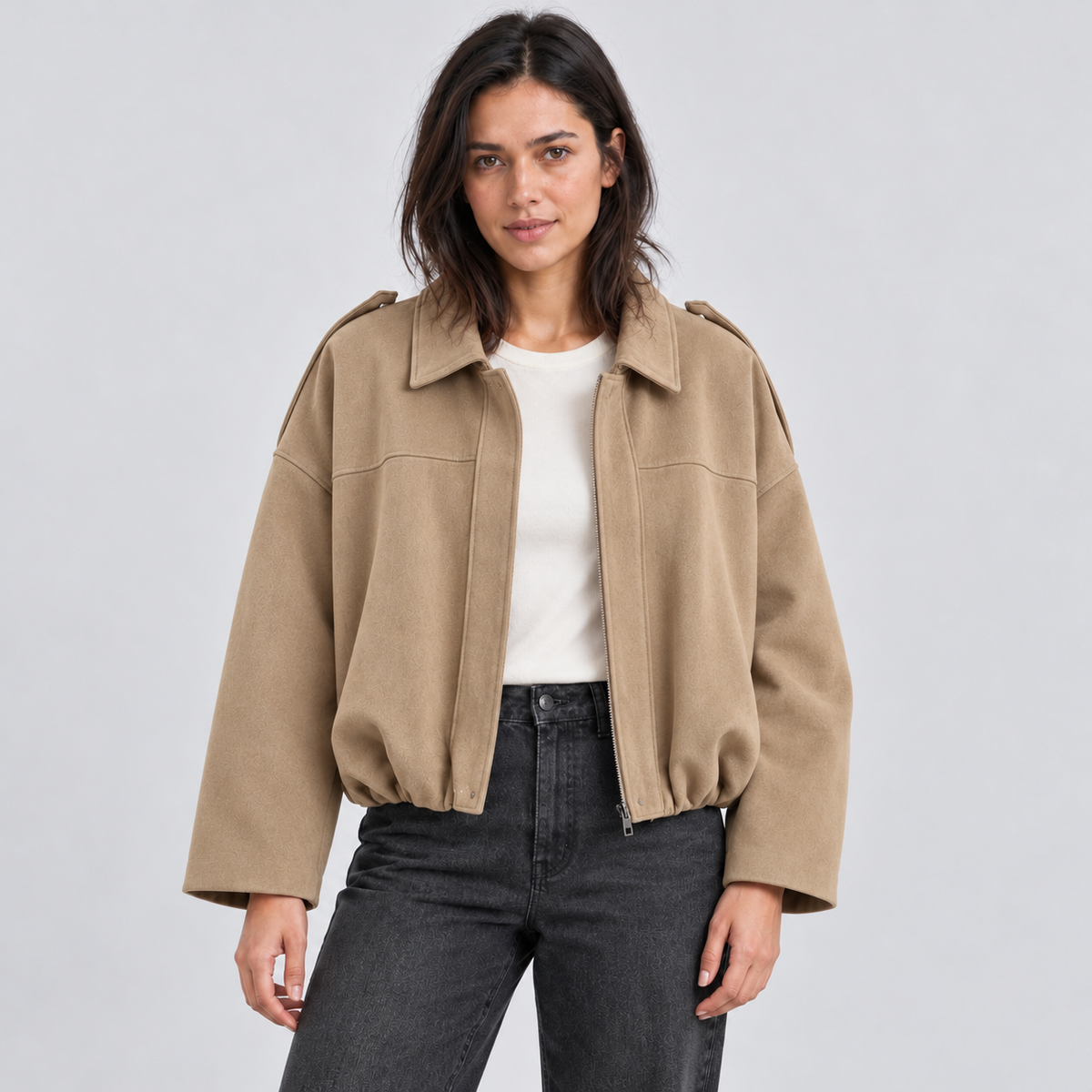 Quinn | Women's Faux Suede Bomber Jacket – Relaxed Waist Length Jacket
