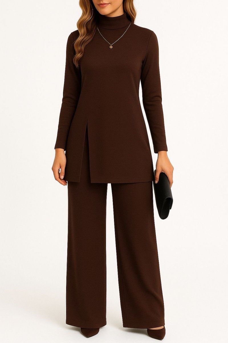 Ingrid | Women's Mock Neck Matching Set – Wide Leg Pants Two Piece Set