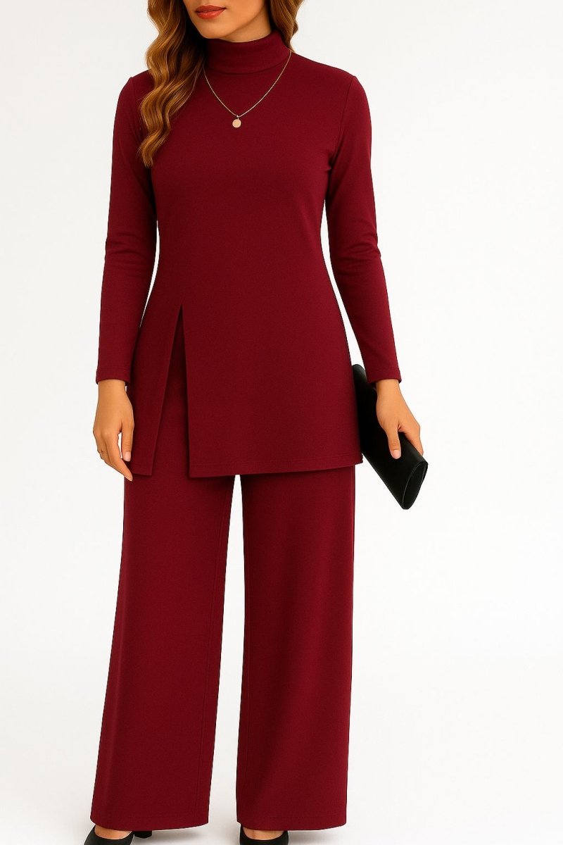 Ingrid | Women's Mock Neck Matching Set – Wide Leg Pants Two Piece Set