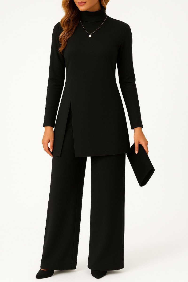 Ingrid | Women's Mock Neck Matching Set – Wide Leg Pants Two Piece Set