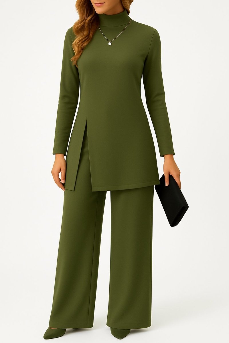 Ingrid | Women's Mock Neck Matching Set – Wide Leg Pants Two Piece Set