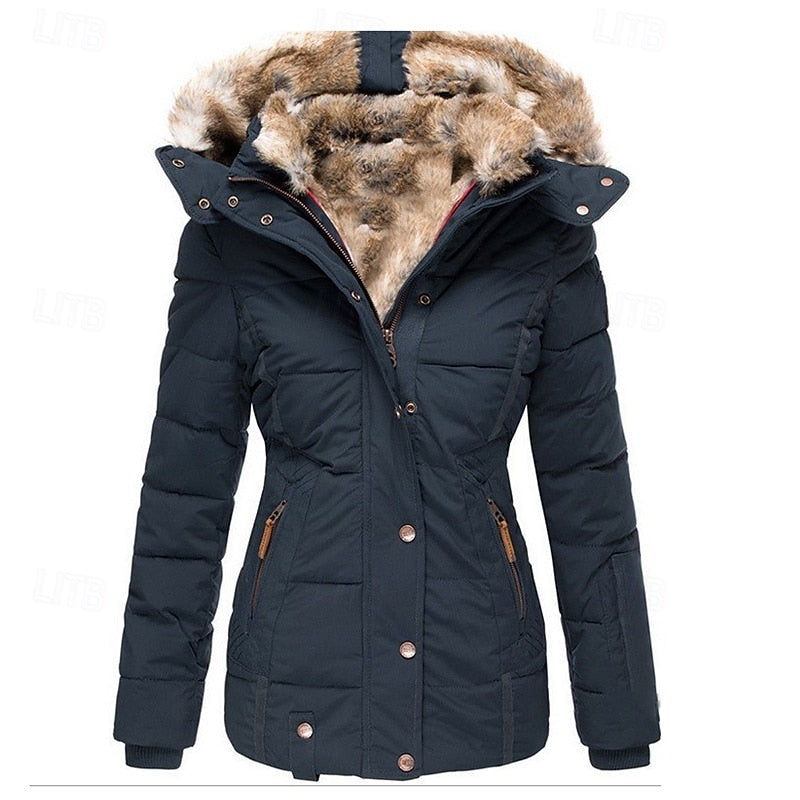 Layla | Women's Fur Trim Hooded Winter Jacket – Navy Blue