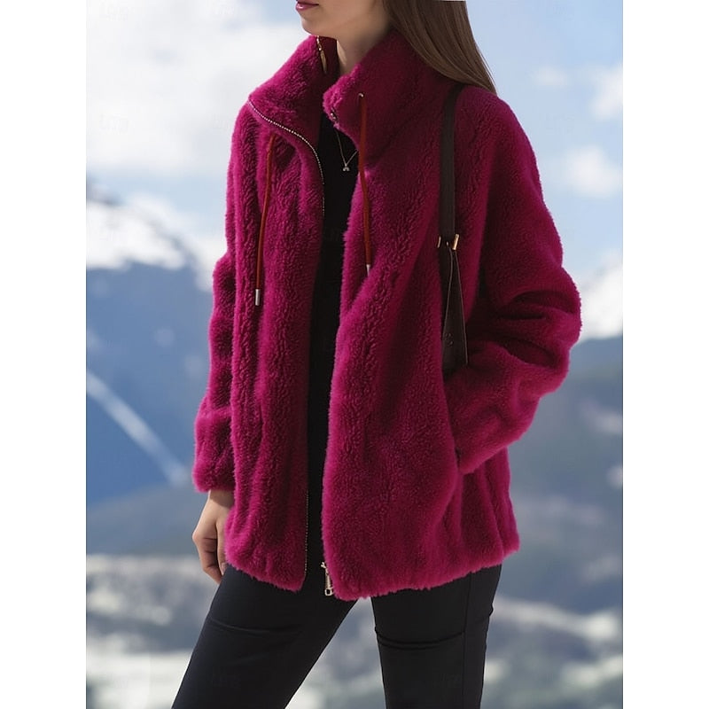 Tara | Women's Plush Full Zip Winter Jacket – Red