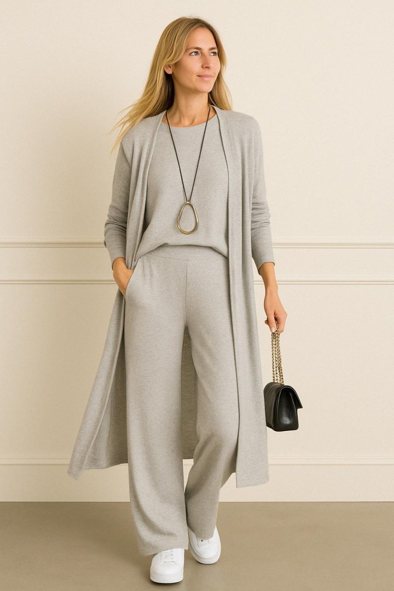 Ines | Women's Three Piece Knit Matching Set – Long Cardigan Lounge Set