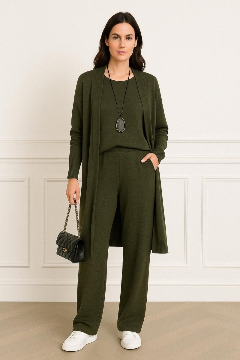 Ines | Women's Three Piece Knit Matching Set – Long Cardigan Lounge Set