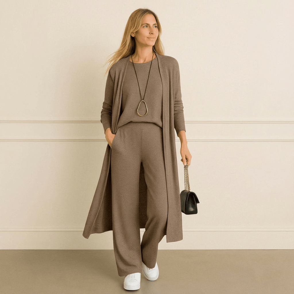 Ines | Women's Three Piece Knit Matching Set – Long Cardigan Lounge Set
