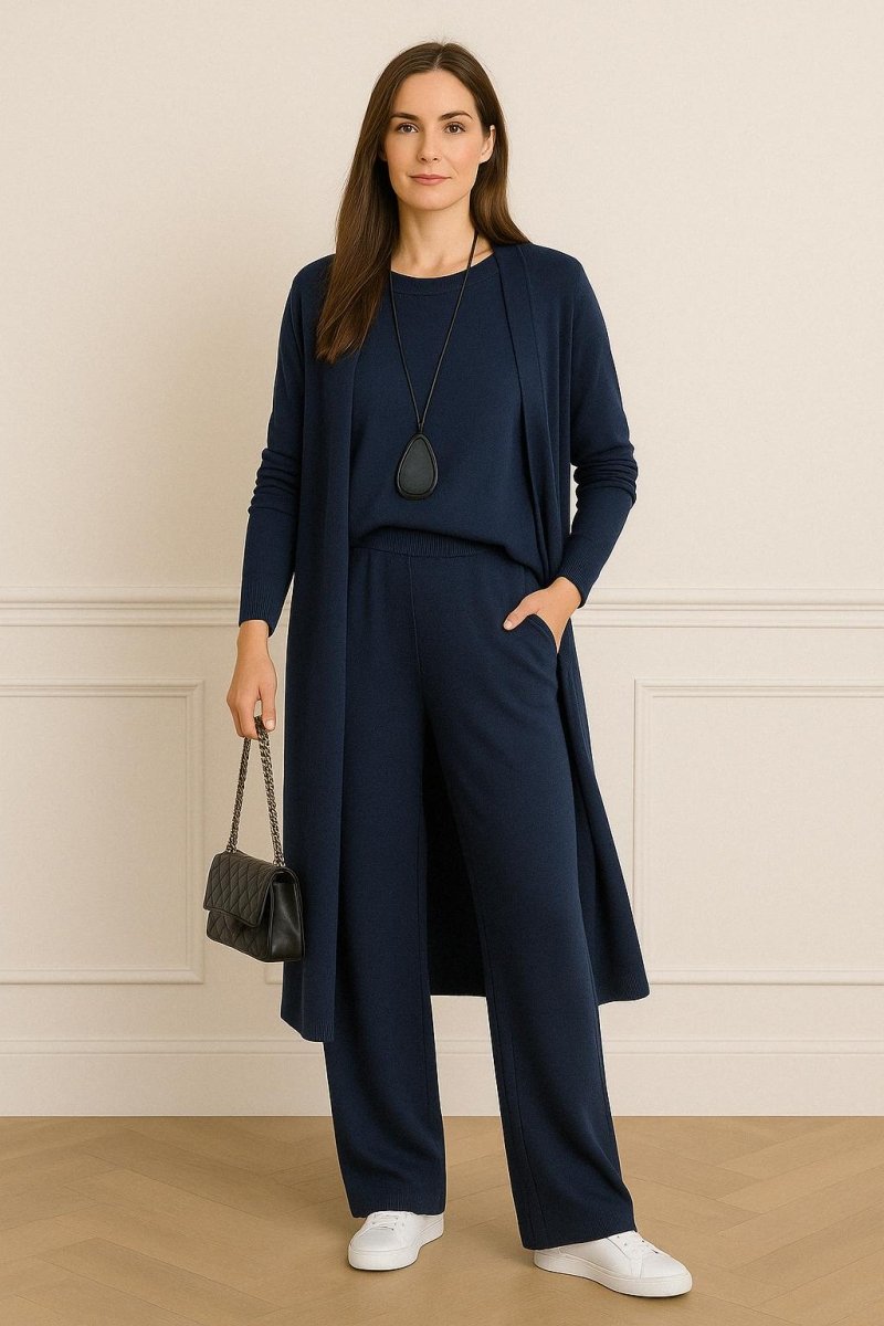 Ines | Women's Three Piece Knit Matching Set – Long Cardigan Lounge Set