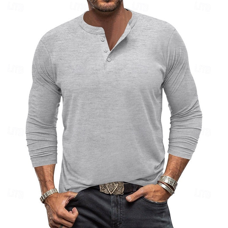 Liam | Men's Long Sleeve Henley Shirt – Light Grey